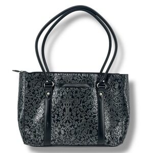 Franklin Covey Black Full Grain Leather Embossed Work Tote Shoulder Bag